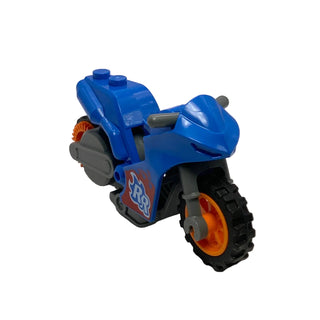 Stuntz Flywheel Motorcycle Sport Bike Tapered Front with Dark Bluish Gray Flame, Orange Wheels, and Dark Bluish Gray Handlebars with White 'RR' on Red and Blue Flames Pattern, Part# 75533pb04c01