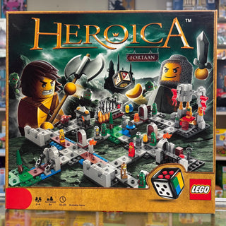 LEGO Heroica Castle Fortaan game set box featuring minifigures, castle structures, game board, dice, and weapons.