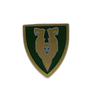 Shield Triangular Short with Dark Green and Gold Rascus Monkey Pattern, LEGO® Minifigure Shield, Part# 3846pb015