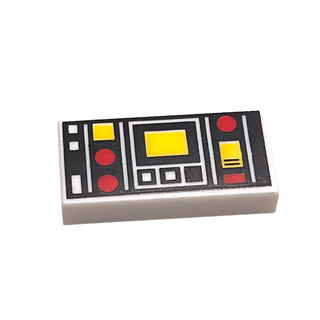 Tile 1 x 2 with Red and Yellow Controls and Two White Squares on Left Pattern, Part# 3069pb0785 Part LEGO® White