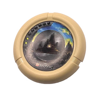 Throwing Disk with Throwbot Granite / Slizer Rock 2 Pips, Logo, and Rock Silhouette Emblem Pattern, Part# 32171pb043 Part LEGO® Tan