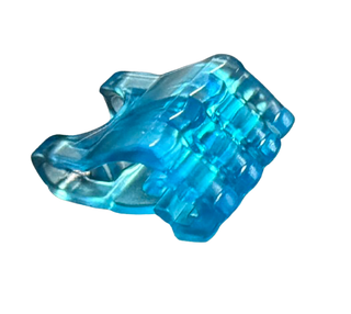 Translucent blue plastic fist piece with four fingers and axle hole connector for building construction.
