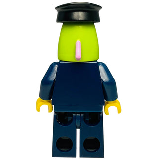 LEGO minifigure with lime green head, black bus driver cap, dark blue torso, yellow hands, and dark blue legs with circular c