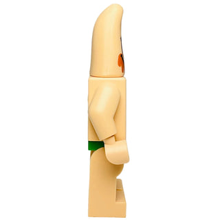 Beige articulated toy figure with orange eye details, green belt accent, and poseable limbs.