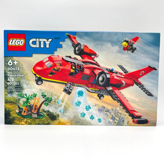 LEGO City Fire Rescue Plane set 60413 box showing red aircraft with yellow accents and building instructions.
