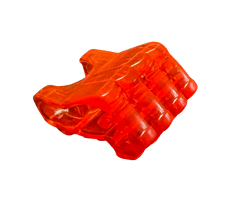 Bright red plastic fist with four fingers and textured grip surface, featuring an axle hole connection point.