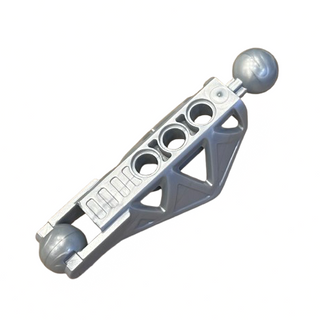 Black and silver Bionicle leg piece with three circular ports, ribbed detailing, triangular support straps, and silver spheri