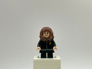 Hermione Granger - Gryffindor Robe Clasped, Black Skirt, Black Short Legs with Dark Bluish Gray Stripes, Open Mouth Scared / Closed Mouth Grin, hp468 Minifigure LEGO®   