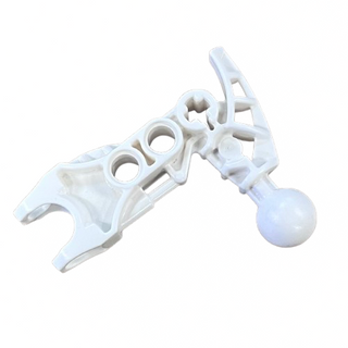 White Bionicle arm piece with ball joint connector and socket attachment point for assembly.