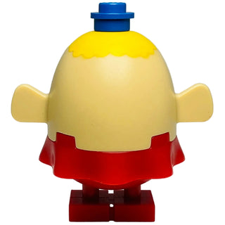 LEGO minifigure with yellow rounded body, tan fins, blue hat, and red skirt and feet.