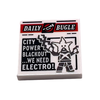 Tile 2x2 with Newspaper 'DAILY BUGLE' and 'CITY POWER BLACKOUT... WE NEED ELECTRO!' Pattern, Part# 3068pb1730 Part LEGO® White