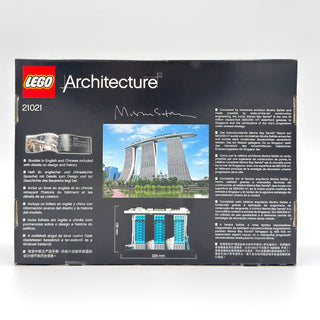 LEGO Architecture set 21021 box showing Marina Bay Sands building model with photograph and architectural details.