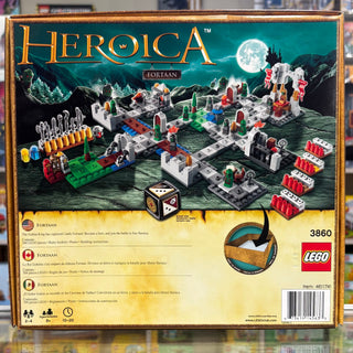 LEGO Heroica Castle Fortaan game set with castle pieces, minifigures, game board, dice, and instruction manual.
