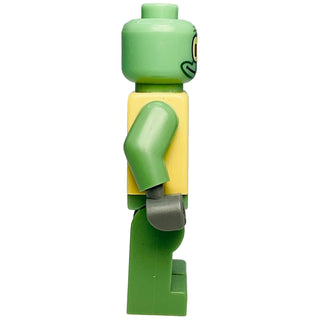LEGO minifigure with green head and tentacles, yellow torso, and green legs holding gray object.
