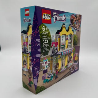 LEGO Friends Emma's Fashion Shop set 41427 box with yellow building, 343 pieces, age 6+.