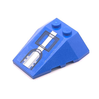 Wedge 4 x 4 Triple with Stud Notches with White Stripe and Rectangle Pattern (Sticker), Part# 48933pb011 Part LEGO® Blue Very Good