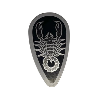 Shield Oval with Black and Silver Vladek Scorpion with Silver Border Pattern, LEGO® Minifigure Shield, Part# 2586px18