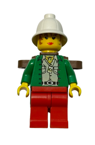 Pippin Reed / Miss Gail Storm - Green Open Shirt, Red Legs, White Pith Helmet, Brown Backpack, adv044 - LEGO® Adventurers Minifigure