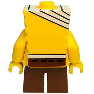 Yellow LEGO minifigure with square head, bandage on top, black eyes, yellow arms and hands, brown pants with white stripe.