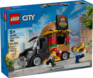 LEGO City Burger Truck set box 60404 with build instructions and 194 pieces visible on packaging.