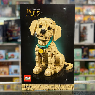 LEGO Icons Golden Retriever Puppy set box featuring tan-colored brick puppy with turquoise collar and yellow medal.