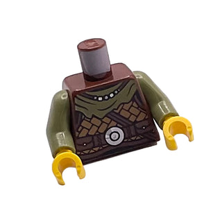 Torso Viking Armor, Medium Nougat Leather, Olive Green Bandana, Necklace, Strap, Belt with Silver Disk Pattern / Olive Green Arms / Yellow Hands, Part# 973pb4776c01 Part LEGO® Reddish Brown