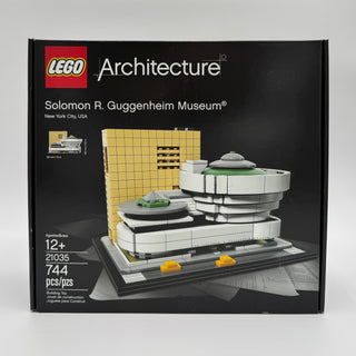 LEGO Architecture set 21035 showing Solomon R. Guggenheim Museum replica with circular white structure and yellow gridded bui