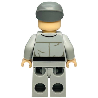 LEGO minifigure wearing gray helmet and gray uniform with torso details and tan hands.