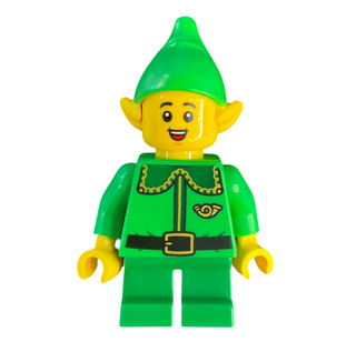Elf - Dark Green Collar and Gold Horn, Open Mouth Smile with Freckles, hol364 Minifigure LEGO®