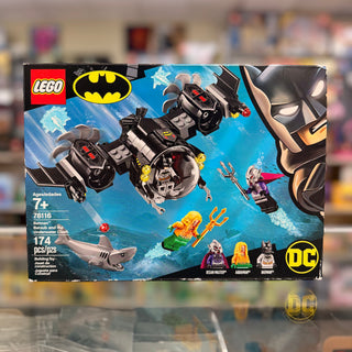 LEGO DC Batman set 76116 box showing black Batsub with minifigures including Batman, Ocean Master, Aquaman, and shark figure.