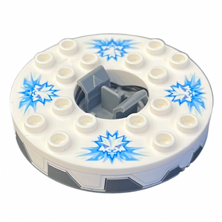 Ninjago Spinner Turntable 6 x 6 x 1 1/3 Round Base Serrated with White Top and White Heads on Medium Blue Ice Shards Pattern, Part# 98318c06pb01 Part LEGO® Flat Silver with Black Plate Round Bottom Very Good