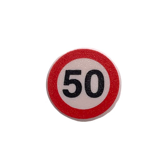Road Sign 2 x 2 Round with Clip with Black '50' in Red Circle Pattern, Part# 30261px2 Part LEGO® White