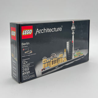 LEGO Architecture Berlin set 21027 box showing Reichstag, TV Tower, and Brandenburg Gate models.