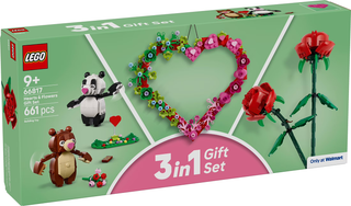 LEGO 3 in 1 Roses, Love Bears, Heart Ornament gift set box showing 661 pieces with floral and animal builds.