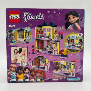 LEGO Friends set 41427 box featuring yellow and purple fashion shop building with minifigures and accessories.