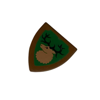 Minifigure Shield Triangular Short with Forestmen Elk/Deer Head on Green Background Pattern, Part# 3846p48 Part LEGO® Brown Very Good