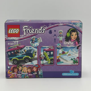 LEGO Friends Snow Resort Off-Roader set 41321 box showing purple packaging with vehicle, minifigures, and winter resort scene