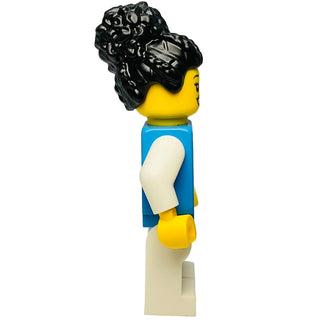 LEGO Ninjago minifigure with black hair, yellow face, blue and white robe, and yellow hands.