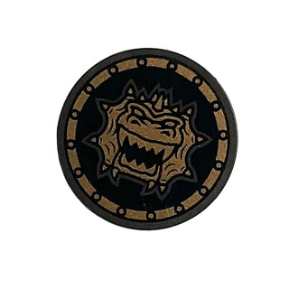 Shield Circular/Round Flat Face with Gold Dragon Head with Jagged Teeth Pattern, LEGO® Minifigure Shield, Part# 59231pb04
