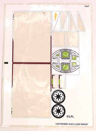 Sticker sheet with tan panels, green control display details, dark red accents, and two black and white circular emblems.