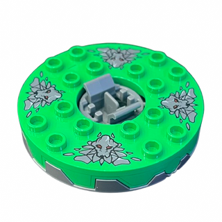 Ninjago Spinner Turntable 6 x 6 x 1 1/3 Round Base Serrated with Bright Green Top and Dark Bluish Gray Stone Heads Pattern, Part# 98318c05pb01