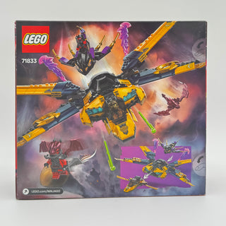 LEGO set 71833 box featuring yellow and black jet aircraft with purple character figures and action scenes.