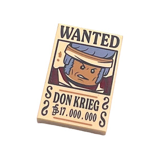 Tile 2 x 3 with Wanted Poster with Black 'WANTED' 'DON KRIEG' (Berry) '17.000.000' Pattern, Part# 26603pb535 Part LEGO® Tan