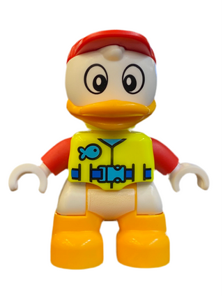 Duplo Figure Lego Ville, Huey Duck, Neon Yellow Life Jacket, Red Arms and Cap Minifigure LEGO®