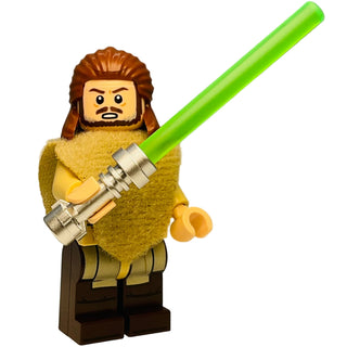 Lego Qui-Gon Jinn minifigure with dark brown beard, yellow poncho, dark brown legs, and green lightsaber.