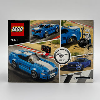 LEGO Ford Mustang GT set 75871 box showing blue brick car model and reference photos of real Mustangs.