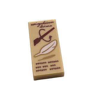 Tile 1x2 with Dark Brown Script 'Wingardium leviosa', and Scribbles, Reddish Brown Wand, White FeatherPattern, Part# 3069pb0649 Part LEGO® Tan Very Good