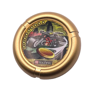 Throwing Disk with Throwbot Millennia / Slizer Millennium 9 Pips, Logo, and Robot on Motorcycle Throwing Disk Pattern, Part# 32171pb061 Part LEGO® Metallic Gold