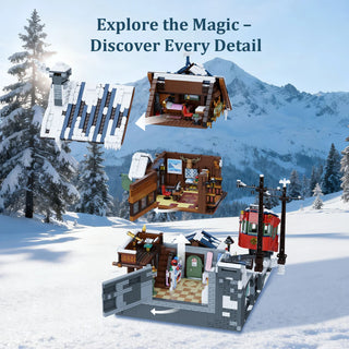 Modular cabin playset with detachable rooms, minifigures, and accessories displayed against snowy mountain landscape backgrou
