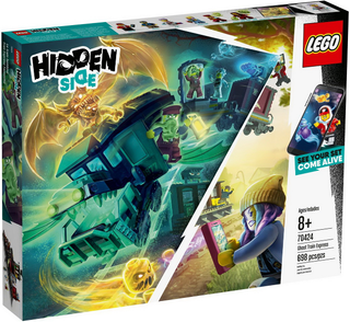 LEGO Hidden Side Ghost Train Express set box with blue and green design, featuring train imagery and character illustrations.